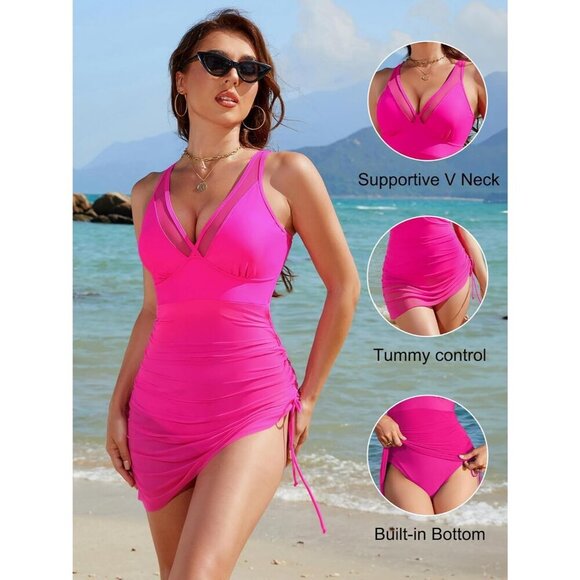 Womens Blooming Jelly Pink One Piece Swim Dress with Tummy Control - Picture 2 of 5